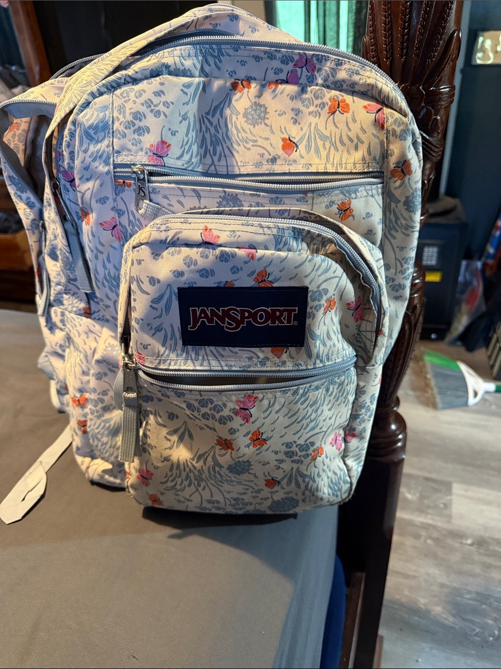 Jansport Light Blue Floral Backpack with Pink & Orange Accents